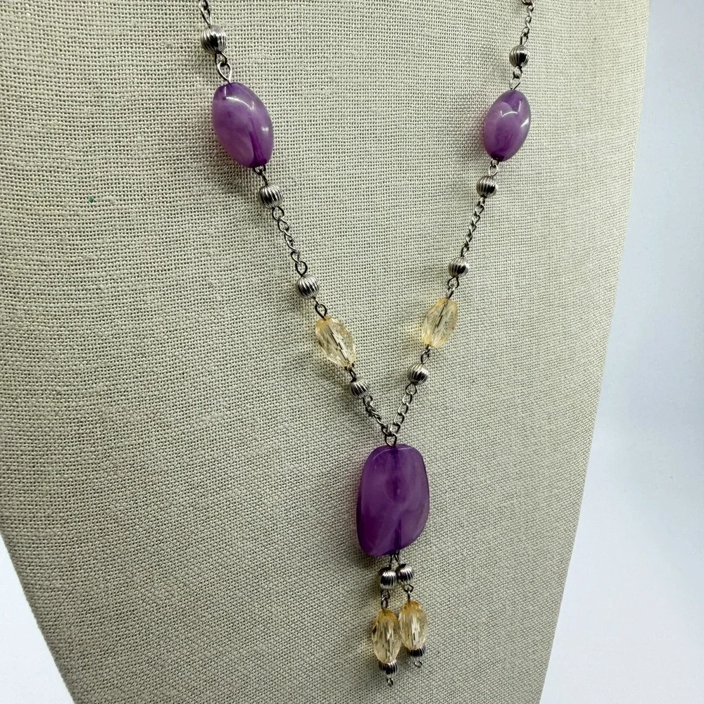 Necklace Vintage Y Drop Purple Yellow Beads Silver Tone Boho Statement Pendant